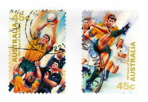 Collectible stamps from Australia. Set with test rugby sport.