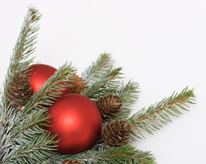 Christmas frame, corner, of conifer, baubles and cones