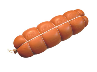 Long loaf of sausage on white background