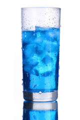 Glass with blue water, ice and drops
