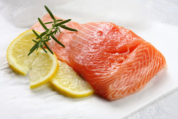 Atlantic salmon steak with lemon and rosemary.