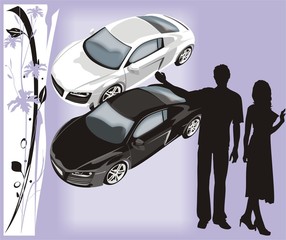 Naklejka premium Silhouettes of the woman and man on a background of cars