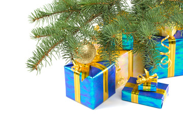 Fototapeta na wymiar Various gift boxes and fur-tree branch on a white background