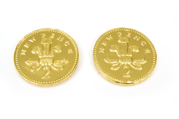 Chocolate money isolated on white studio background.