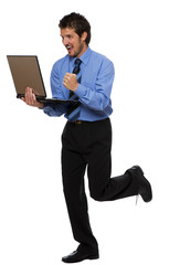 young happy business men with laptop on white