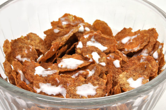 Closeup of bowl of wheat bran flakes cereal.