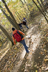A young woman walking her dog through the woods