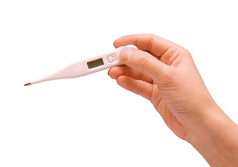 Digital thermometer indicating 36.6 in right hand isolated