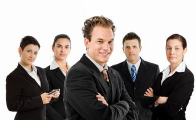 Team photo of happy business people, white background.