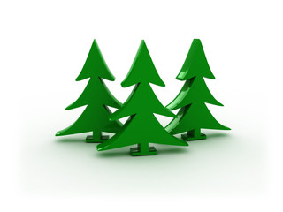 3d illustration of three christmas trees on white