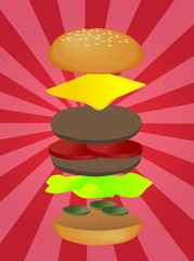 Hamburger illustration, layered burger with cheese vegetables