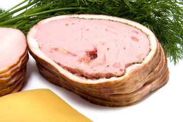 meat and cheese slices isolated on white