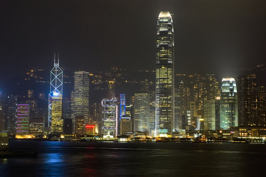 Hongkong - nigh cityscape with famous skyscraper and harbour