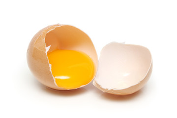 A egg tear into half with yolk and albumin.