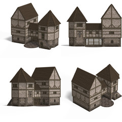 Four Views of an old fashioned house over white