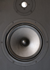 Black music loudspeaker with woofer and tweeter.