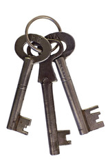 Bunch of old steel keys over white