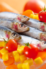 Group of sardines on different vegetables