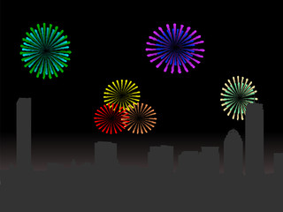 Boston skyline with colourful fireworks illustration