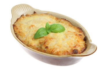 Beef lasagna in an individual roasting dish