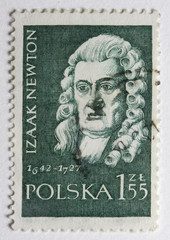 Portrait of Sir Isaac Newton on canceled, vintage post stamp