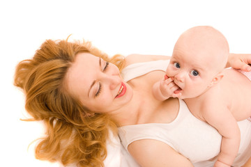 Mother's love. Cute baby with mother. Isolated on white