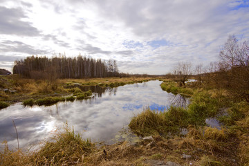 Fototapeta na wymiar autumn landscape photo with blue sky,mirrow in the river