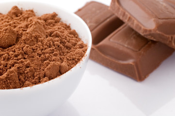 Close- up of chocolarte powder and chocolate blocks