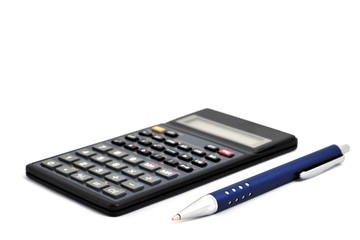 Calculator with pen isolated on white background