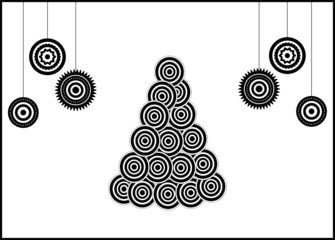 BW xmas card: conceptual xmas tree and xmas balls