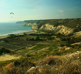 A view at the coast with the paraglider, from Kourion, Cyprys