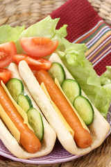 two fresh and delicious hot dogs with vegetables