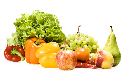 fresh fruits and vegetables isolated on white