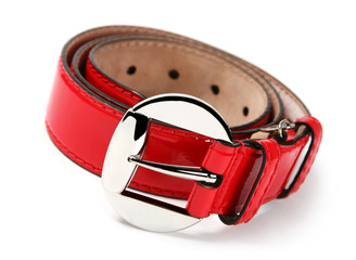 Red belt accessory detail view on white background