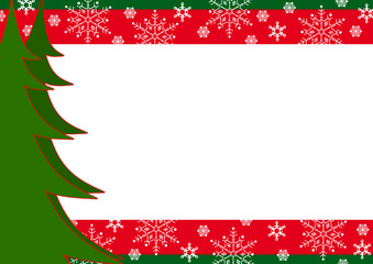 Christmas border with trees and snowflakes. Red, green.