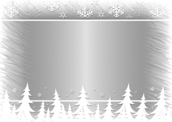 winter trees, snowflakes on a silver metal background.