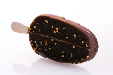 ice cream covered with chocolate and almonds.