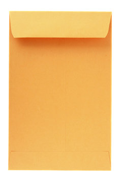 back view of a yellow mailing envelope, isolated on white