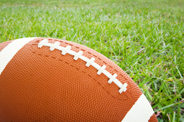 Football laying on a field of grass with room for text.