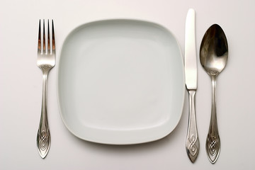 Cutlery: a plate, spoon, knife with a fork.