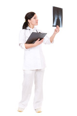 attractive female doctor over white background