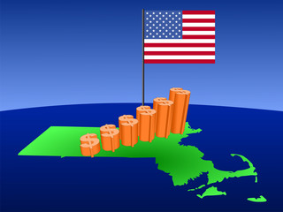 dollar graph on Massachusetts map with flag illustration