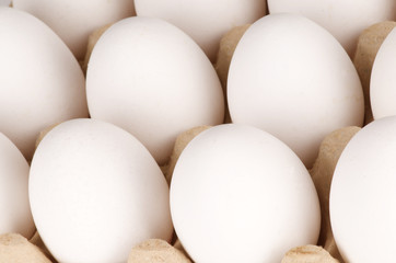 a cardboard tray filled with white eggs