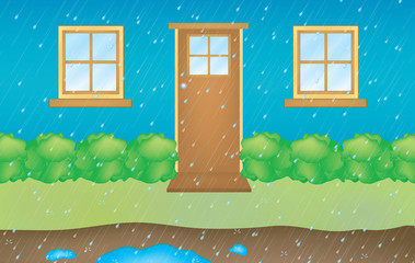 high detailed illustration of a house with rain