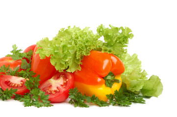 Peppers, tomatos, lettuce and parsley on white background
