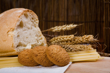 food background, cookies, bread and spaghetti