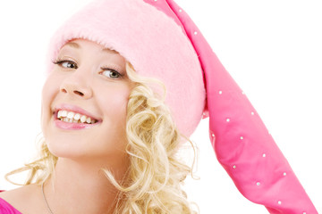 picture of cheerful santa helper girl over white