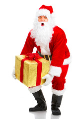 Happy Christmas Santa with gifts. Over white background.