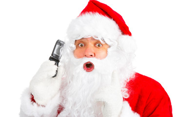 Christmas Santa with cellular. Over white background.