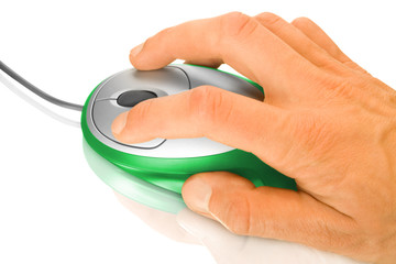 green computer mouse and hand with reflection